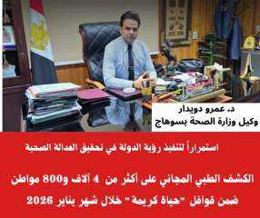 استمراراً لتنفيذ رؤية الدولة في تحقيق العدالة الصحية  صحة سوهاج : الكشف الطبي المجاني على أكثر من  4 آلاف و800 مواطن ضمن قوافل ”حياة كريمة” خلال شهر يناير 2026